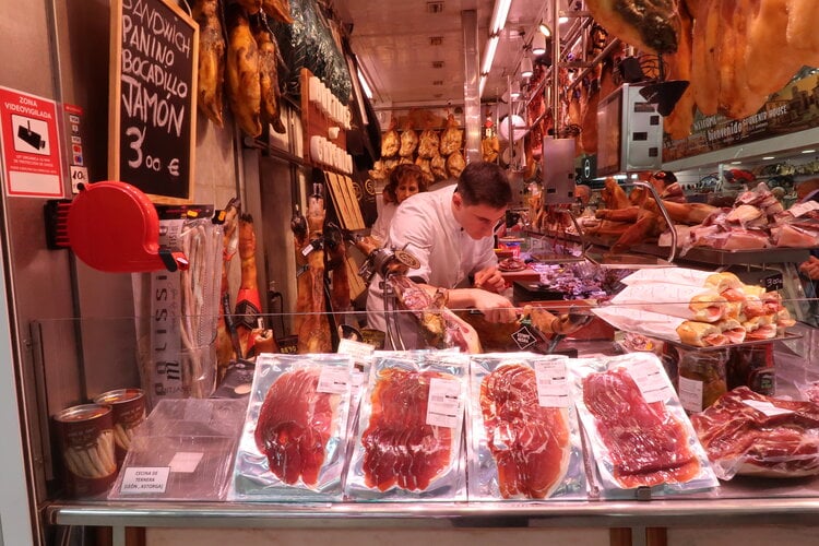 <span>Spain is famous for cured ham! The best is called </span><em>jamón ibérico </em><span>(Iberian ham) which comes from a specific breed of pig, and if you can find it labeled </span><em>de bellota</em><span> that means the pigs were acorn-fed, resulting in a ham that practically melts on your tongue</span>